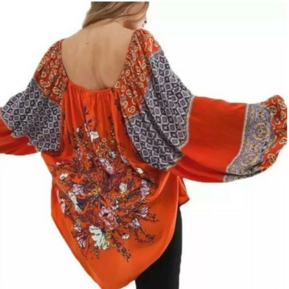 Free People Positano Boho Printed Floral Balloon Sleeve Blouse Top Size Small - Picture 9 of 14